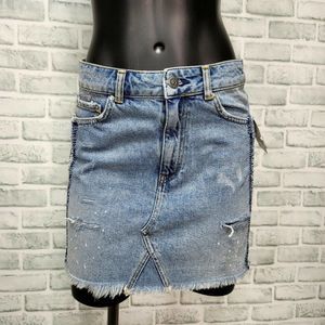Free People Womens 4 Denim Cutoff Raw Hem Mini Jean Skirt Beaded Stripe Side
